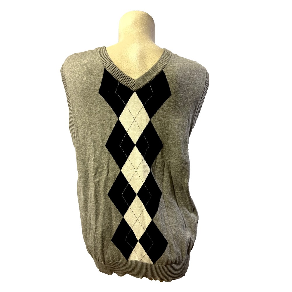 Oliver & Burke Mens Argyle V-Neck Sweater Vest Gray Cotton Large